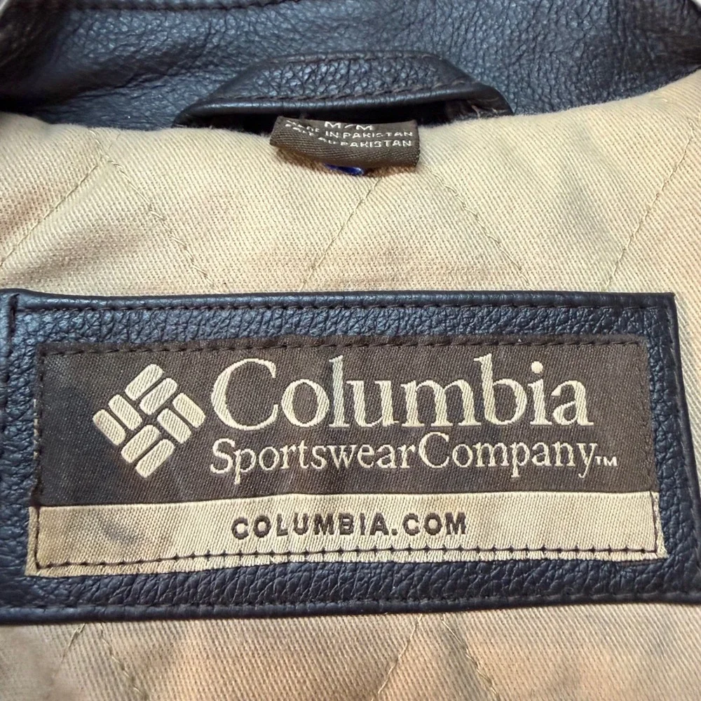 Columbia Men Leather Jacket Brown Full Zip Quilted Lined Coat RN102271 CA02786 M